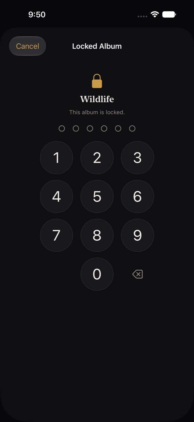 Et låst album, der beder om koden på et tastatur, før det åbner.
